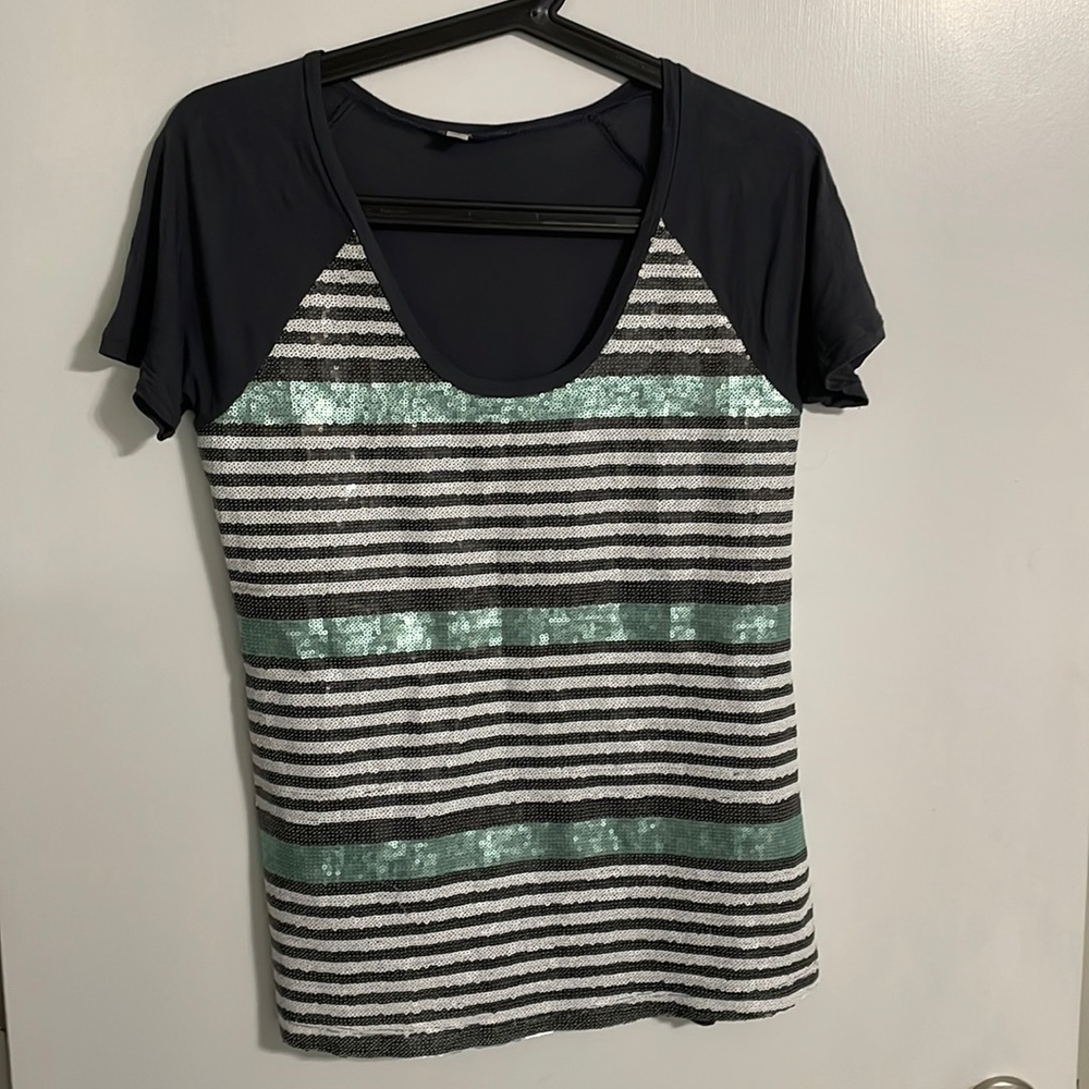 Halogen Women’s XS Sequin Striped Soft Shirt Charcoal Gray Mint Green White
